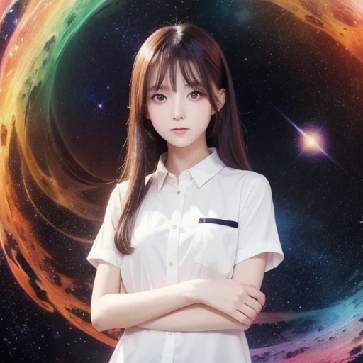  girl ,  tea hair,  orange eyes,  arm-crossed, In the middle of the universe, (( anime style)),  white shirt, Gentle colors,  colorful background ,  cosmic background ,  soft strokes