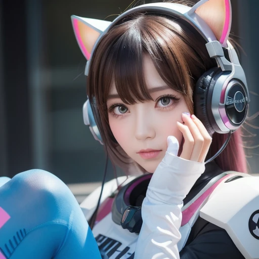 Masterpiece,  best quality ,  High Resolution ,  1 girl, Super  High Resolution , Alone,  mecha pilot, d.and,  headphones,  pink eye ,  blue tights ,  tea hair, white gloves,  cat face decoration ,