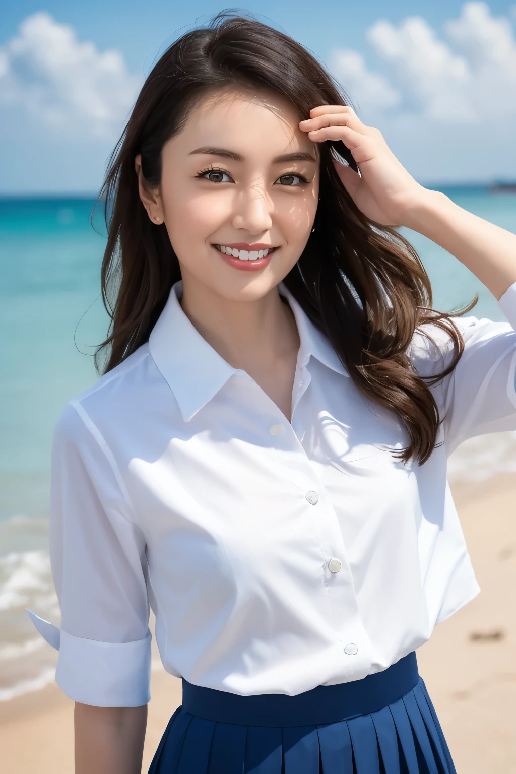 Arafed woman in a white shirt and blue skirt on a beach - SeaArt AI