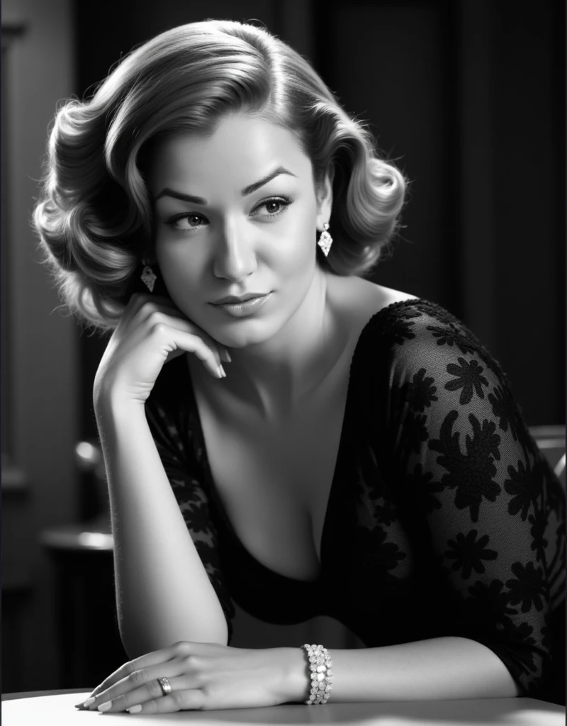 Create a black and white photo of a woman with short blonde curly hair, laid out in a vintage style. She sits sideways on a simple bench., one hand placed on the bench, and the other one relaxed on her knees. She is wearing a black dress with a deep neckline and a black cardigan., draped over the shoulders, but not falling off the shoulders. Important, so that the dress and cardigan look like one piece, without obvious division. The photo should convey a retro style., typical for the mid-20th century, with a focus on a woman's natural smile and charm. In the background there should be a simple classic interior with a fireplace., Without unnecessary details. The woman's face should be illuminated with soft light., emphasizing her features, and the overall atmosphere of the photograph should convey a sense of elegance and simplicity