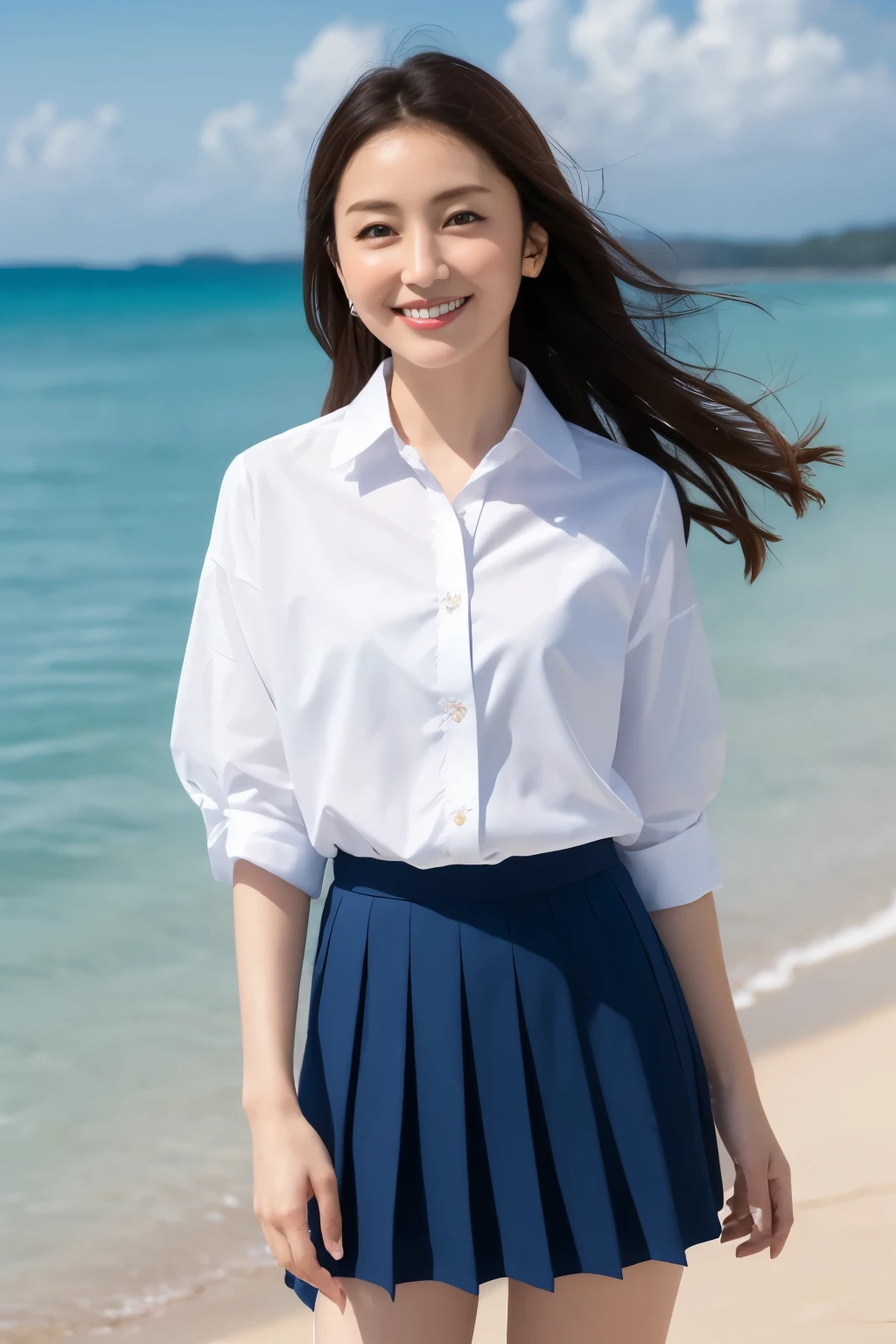Arafed asian woman in a white shirt and blue skirt on a beach - SeaArt AI