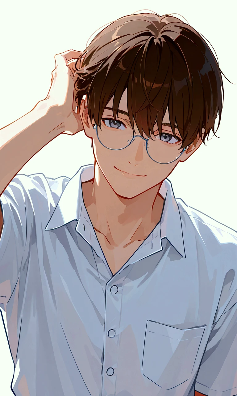 super detail, 1 man, handsome man, Delicate line drawing, white buttoned shirt, brown hair, shortcuts , smile, hand in own hair, wearing oval glasses with a lightweight plastic frame, gray eyes, white background.