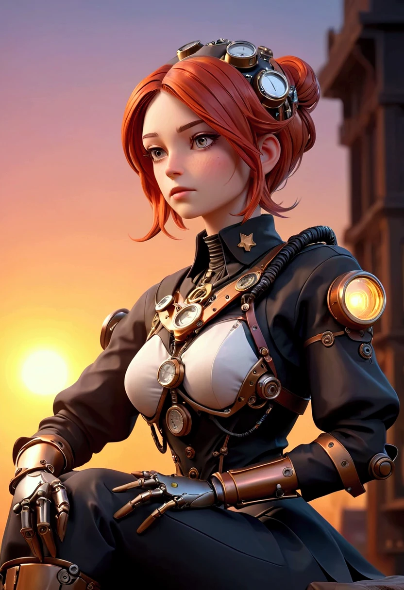  Portrait of a female steampunk robot,  Intricately detailed , digital lighting , sunset gradient ,  Artstation HQ trend ,  rendered octane,  style Unreal Engine 4 MDJRNY-V4 , Sitting on a dark star that leaves a trail of colored light