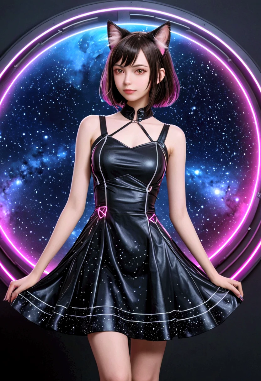 1 nekogirl, cat ears, wearing a cyberpunk stile dress, ride a shining star in space