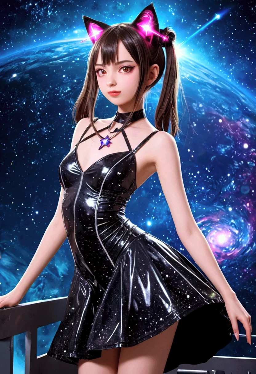 1 nekogirl, cat ears, wearing a cyberpunk stile dress, ride a shining star in space