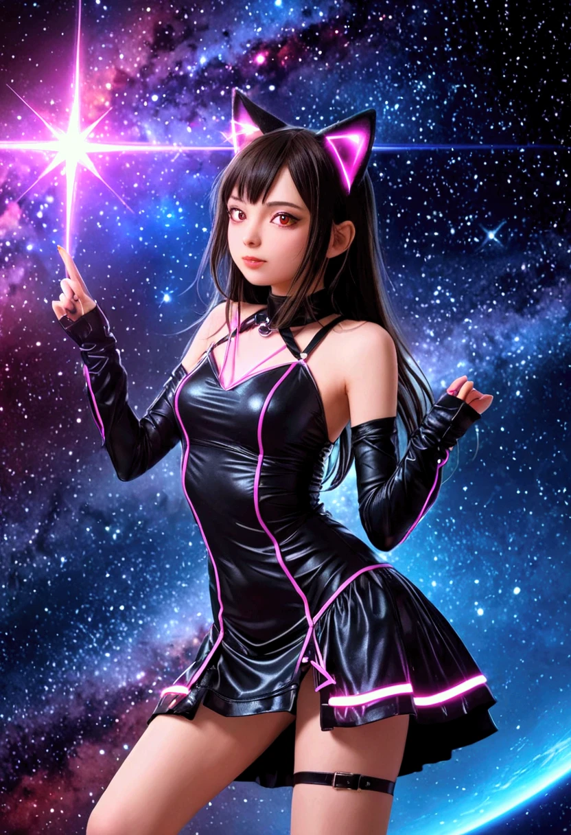 1 nekogirl, cat ears, wearing a cyberpunk stile dress, ride a shining star in space