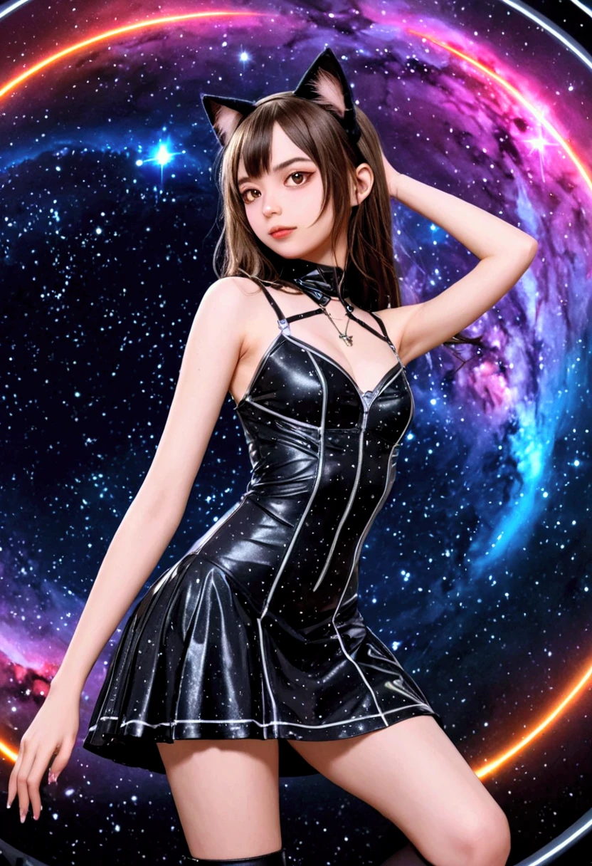 1 nekogirl, cat ears, wearing a cyberpunk stile dress, ride a shining star in space