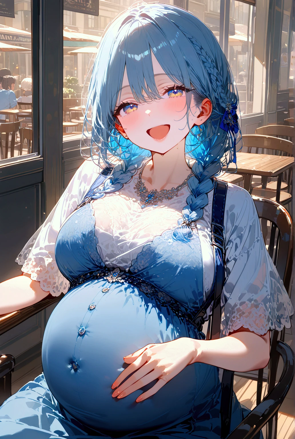 (Highest Resolution, clear_image), Highest quality, masterpiece, One Girl、pregnancy,Light blue hair、Blue and Green Odd-Eye、Single braid、Lock、prison