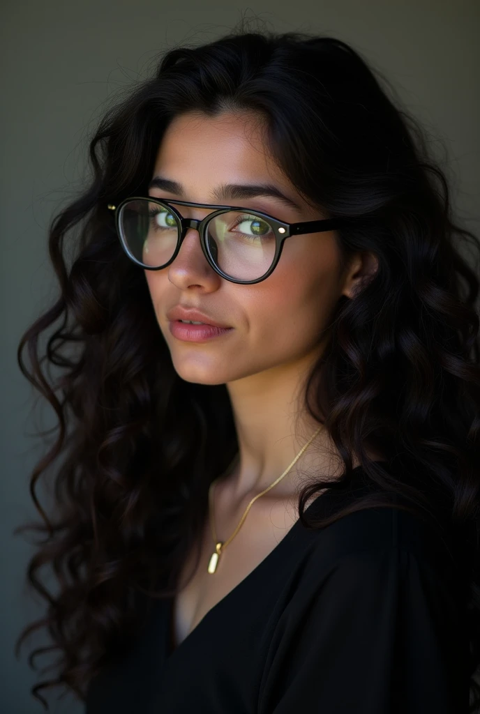 Draw a picture of a person with hair down to their breasts, com curvatura 3A 3B, sun tanned white skin, eyes browns, slightly thick eyebrow, half round eyes, small mouth with larger lower lips, medium nose, in dark academic outfit mbti Infj style with thin round glasses, not nerdy. Darker eyes, most realistic, curly hair 3B 3C, Caucasian skin. Whiten your skin more
