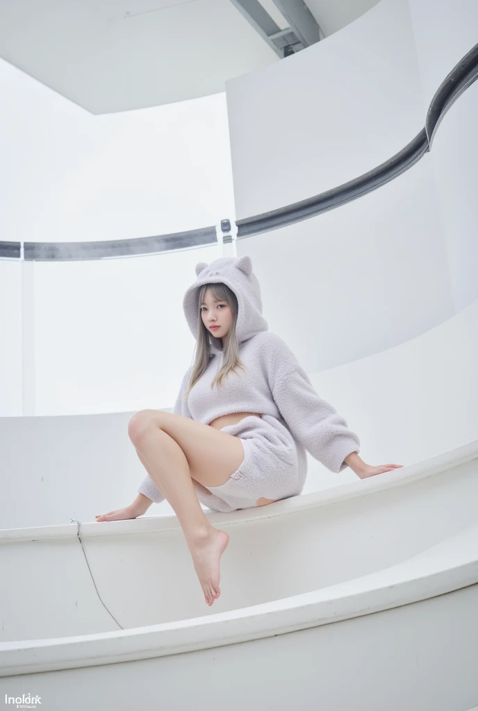 (nsfw:1.2), masterpiece, Best Quality, hyper Realistic, Create an image of a beautiful young Japanese woman embodying futuristic fashion art. 18-years-old, The scene should have the highest quality and realism, sitting, below shot, She has an ultra-slim waist, medium firm breasts, a medium-sized buttocks, and beautiful sexy legs, showcasing sculptural beauty. Her skin is white and silky, small head. playful and unique outfit featuring an oversized, fluffy white hoodie designed with a soft, "fuzzy" texture resembling a cat's fur. The hoodie features an adorable cat-ear hood and a loose, cropped fit that barely conceals T-back shorts underneath, adding a teasing yet stylish flair. The design emphasizes comfort and cuteness, with the loose sleeves and oversized silhouette creating a "snuggle-ready" vibe. Completing the look are subtle, minimalistic accents that emphasize a modern aesthetic The wear hugs her body tightly, accentuating her curves and digging sensuously into her skin, hyper small head and face, wide Duck mouth, half open mouth, perfectly aligned teeth, perfect beautiful wide teeth, light blue eyes, half open eyes, shiny Droopy eyes, gray hair, looking other, She is situated within the interior of a futuristic colony, in the deep night, with mist drifting and steam rising from concrete
