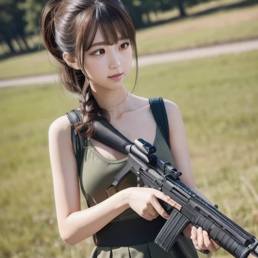  best quality ,  detail,  ultra high definition, (Faithfulness: 1.4),  best illustration, ,  one very condensed girl aiming with a rifle, The , Delicate clavicle,  High Quality Fishtail Skirt, Shyness