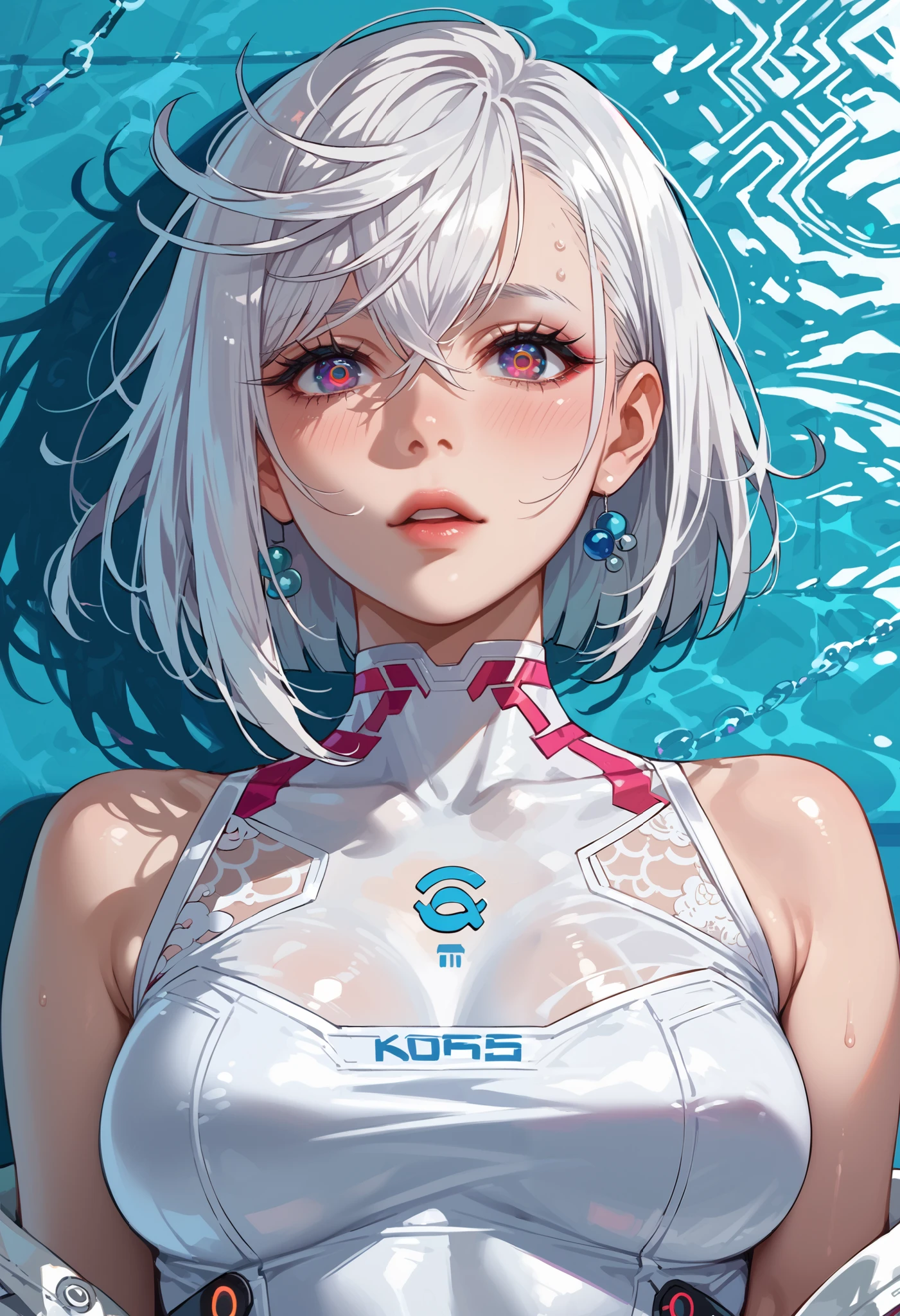 White hair,Low short ponytail,By bangs,White eyes,adolable,teens girl,white short sleeve,shorter pants,Inside the water,Under water,fully body photo,All body,Fingers and arms are not exposed,Background seabed,dive,Happy and happy expression