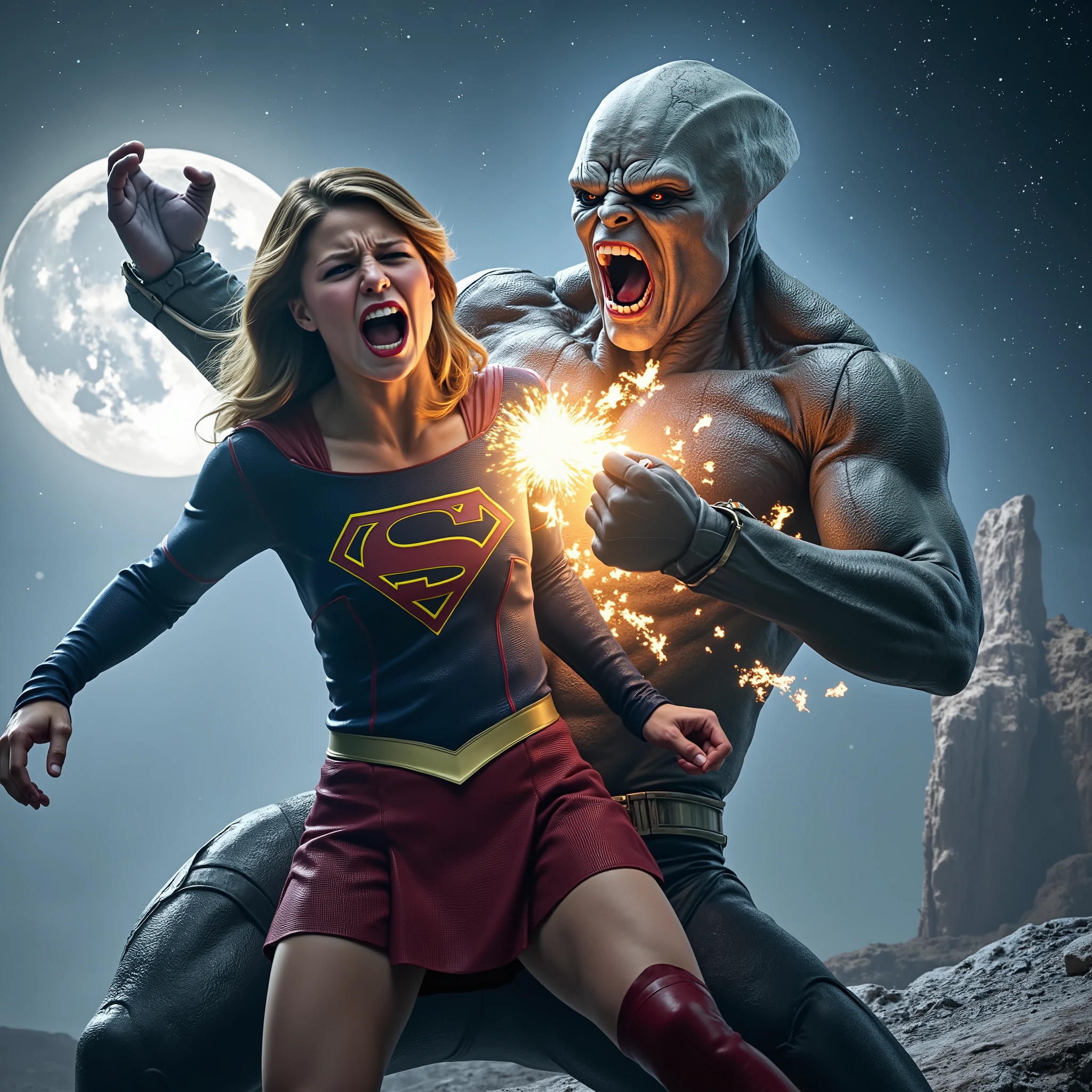 Supergirl is fighting with 2 big alien monsters, very bright white skin, can see whole body, She is wearing a thin black pantyhose, short red leather fabric skirt, red knee height long boots, blonde hair, lighting green collar on her neck, She is screaming in pain, seriously injured, painful, a huge body fierce Alien Monster hold and carry Supergirl body in his arms, photorealistic, hyper realistic, night time on the Mar with moon lighting,