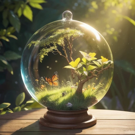 (Masterpiece),( best quality :1.0), ( ultra highres ,),   Details, Glass ball with a tree inside,   digital art ,  CG Society Contest Winner , Butterfly and sunshine,  concept art design illustration ,  Sunbathing Flower Garden , Closed Ecosystem