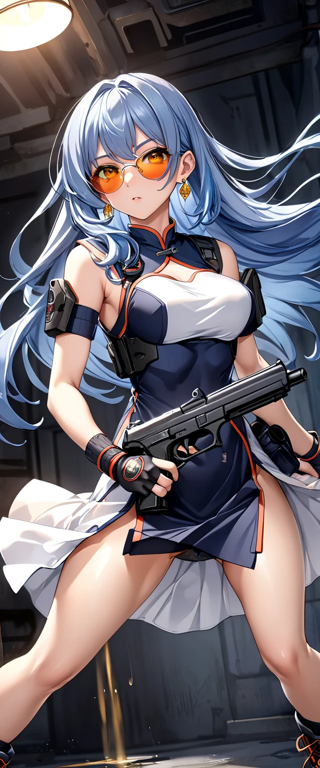 masterpiece、Highest quality、Ultra-high resolution、Maximum resolution、Very detailed、Professional Lighting、anime、Adult female、thin、so beautiful、、White cheongsam、White Chinese clothing、sexy Chinese dress、Deep slit、He has a gun、Holding a handgun in both hands、Yellow Eyes、Blue Hair、Long Wavy Hair、Earrings、Fingerless gloves、Tactical Boots、Equipped with transparent orange sunglasses、Equipped with a chest rig, (((hold a gun and take aim))), (((Random Action Pose)))
