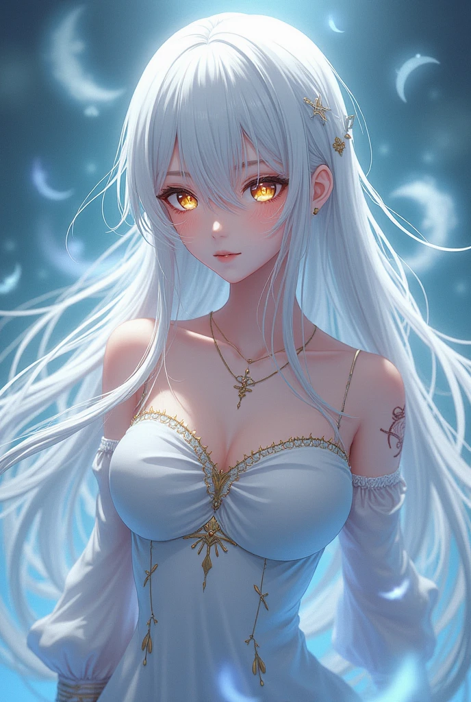 Anime girl with big breasts, wearing a goddess dress, and she's a goddess, half human half white tiger, white hair with black stripes, golden eyes.