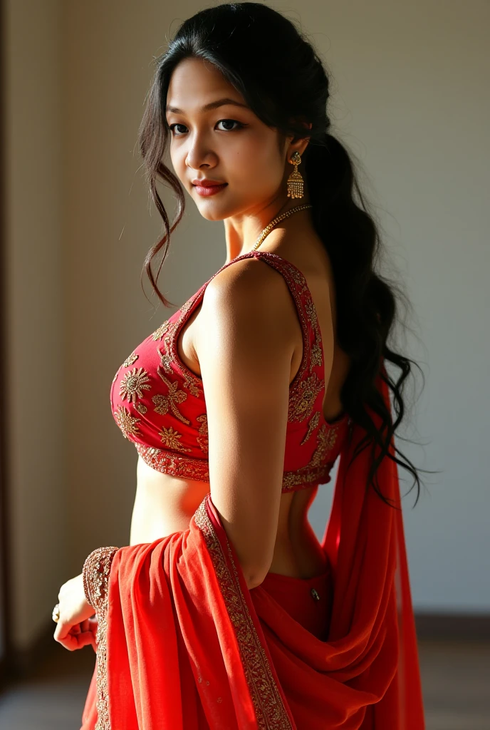 A beautiful young woman, Ananya Pandey wearing embroidery printed black silk saree backside body figure smile perfect anatomy,ultra detailed face and eyes, ultra sharp HDR, realistic realism, 8k