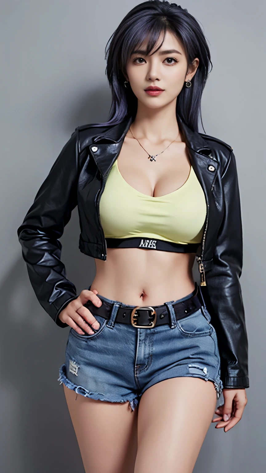 ((asian,long legs,black boots,CROSS-LACED boots,purple hair,yellow eyes,bangs,hair between eyebrows,leather jacket,black jacket,sports bra,colored bra,midriff,navel,black shorts,short shorts,(large breasts:1.5),cleavage, belt)),1 girl,solo,straight hair,midriff,jewelry,earrings,necklace,bracelets,