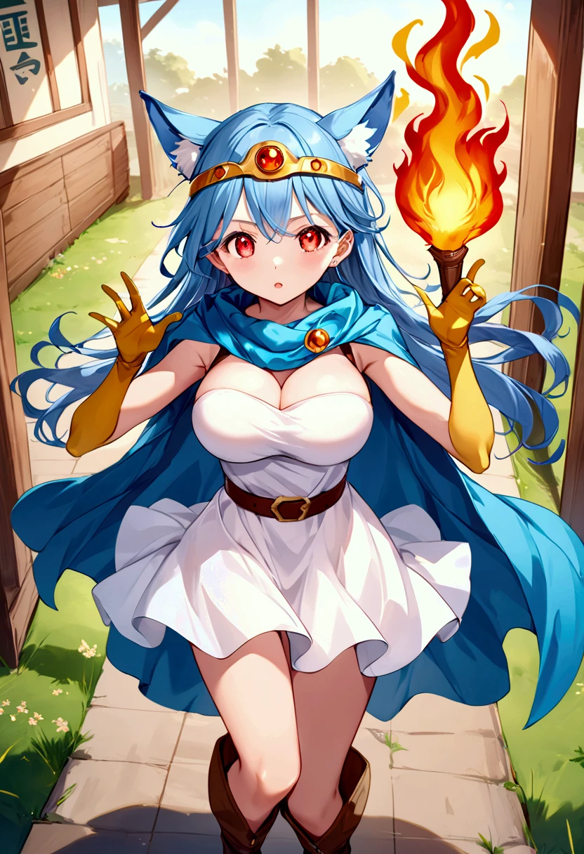 1girl, breasts, solo, Blue Magic Flame, horns, long hair, Rings float beside you, jewelry, grey background, large breasts, bLue hair, barefoot, bracelet, simple background, cleavage, smile, red eyes, dress, looking at viewer, full body, anklet, hair ornament, armlet, Blue braids, bare shoulders, hair between eyes, standing on one leg, white dress, bare legs, bangs, pelvic curtain, collarbone, sideboob, standing, tassel, closed mouth, no panties, blush