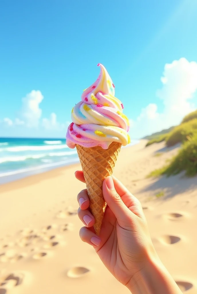 Capture the sweet moment when a person's hand cradles an ice cream cone, the colorful treat glistening in the warm sunlight. In the background, the endless blue sky meets the horizon, where sandy dunes stretch towards the ocean's gentle waves. The hand, slightly tan and adorned with a few freckles, gently holds the cone, as if savoring the taste of summer.,Midjourneyart 