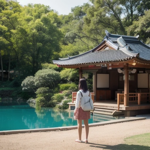  1 girl,   viewers watching , water, Pool, lake, shrine, carp