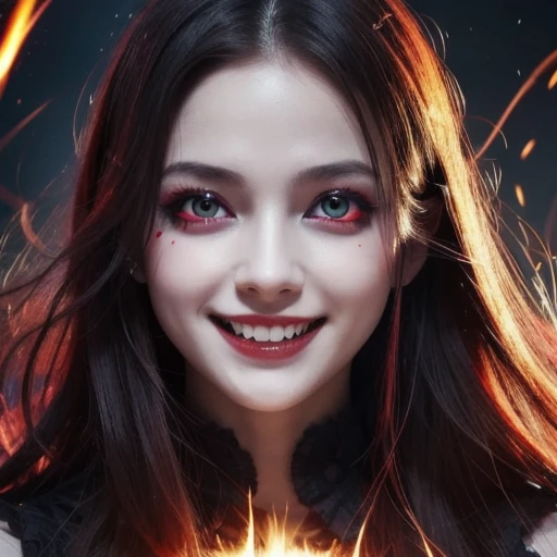  1 girl,  flying hair,  red eyes, Fire Witch, Blood on face, Particles of light, Lightning rays,  wallpaper,  colorful ,  high contrast , ,  smirking ,  wicked smile , psychopathic  smirking ,  Psychopath Smile ,  tilting your head 