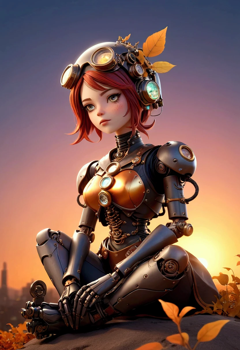 Full photograph of a female steampunk robot,  Intricately detailed , digital lighting , sunset gradient ,  Artstation HQ trend ,  rendered octane,  style Unreal Engine 4 MDJRNY-V4 , Sitting on a dark star that flies through the skies and leaves a trail of colored light