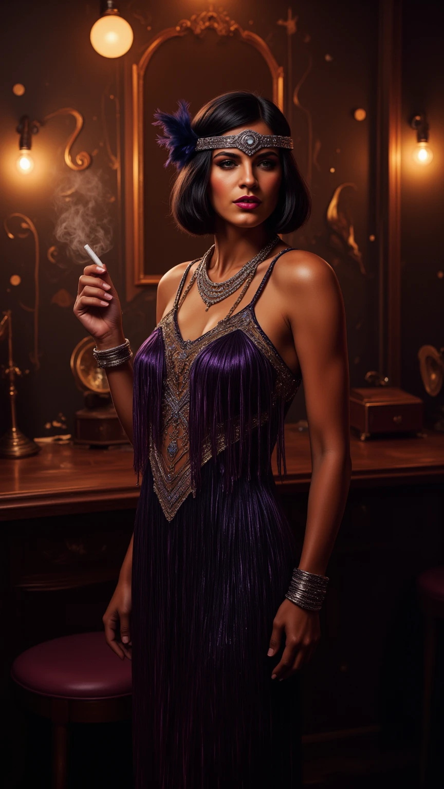 Imagine a captivating speakeasy, enveloped in a soft, smoky haze, where the air is alive with the gentle notes of jazz music. The atmosphere is enchanting, bathed in dim light that dances across the room, creating an aura of mystery and allure.

In the center of this magical scene stands a young woman embodying the spirit of the roaring twenties. She wears a modest yet elegant 1920s-inspired dress, featuring a classic drop-waist silhouette adorned with layers of shimmering fringes in deep jewel tones like emerald and sapphire. Intricate beadwork weaves swirling art deco patterns across the fabric, exuding an air of sophistication.

A sheer, delicate shawl drapes lightly over her shoulders, adding a touch of grace. Her hair is styled in a sleek bob, beautifully complemented by a bejeweled headband embellished with feathers and sparkling gems that capture the light. Her makeup is bold and dramatic, with smoky eyes and deep red lips, reflecting the rebellious yet refined essence of flapper style.

Accessorizing her look, she wears long pearl necklaces and multiple bangle bracelets, along with a classic cigarette holder that adds layers of elegance and defiance. The backdrop is rich with period-appropriate props, such as a vintage gramophone and art deco motifs, enriching the scene with historical charm.

The overall composition radiates nostalgia and opulence, perfectly capturing the essence of the 1920s fashion revolution in a dreamy, fantastical setting. The model poses dynamically, her adorable face framed by iridescent eyes, showcasing her hourglass figure and exuding both charm and confidence. The lighting is perfect, creating a boudoir-like ambiance that enhances the allure of this captivating moment.
