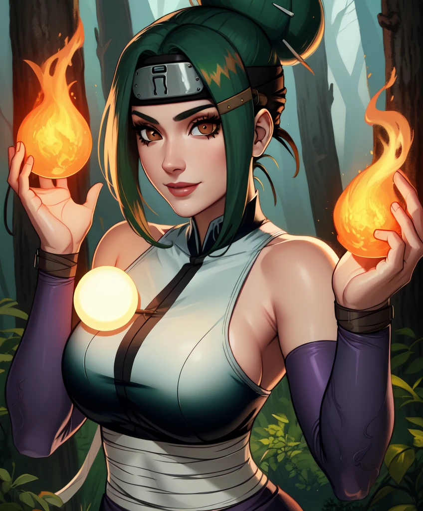 , brown eyes , green hair,two-tone hair, hair bun , hair clip ,
 Sunagakure symbol , forehead protector ,ninja,, bare shoulders , pelvic curtain , white bandages , 
standing, upper body,to smile,
 forest, flaming orbs ,
( Extremely Detailed ,  detailed and beautiful face, beautiful and detailed eyes,  masterpiece ,  penetration),