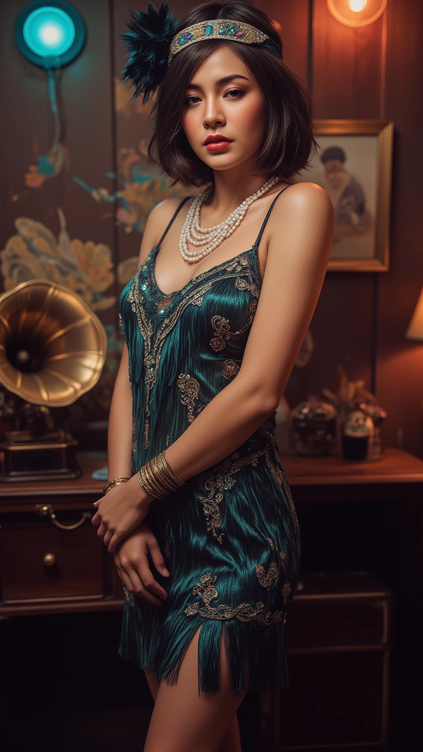 Imagine a captivating speakeasy, enveloped in a soft, smoky haze, where the air is alive with the gentle notes of jazz music. The atmosphere is enchanting, bathed in dim light that dances across the room, creating an aura of mystery and allure.

In the center of this magical scene stands a young woman embodying the spirit of the roaring twenties. She wears a modest yet elegant 1920s-inspired dress, featuring a classic drop-waist silhouette adorned with layers of shimmering fringes in deep jewel tones like emerald and sapphire. Intricate beadwork weaves swirling art deco patterns across the fabric, exuding an air of sophistication.

A sheer, delicate shawl drapes lightly over her shoulders, adding a touch of grace. Her hair is styled in a sleek bob, beautifully complemented by a bejeweled headband embellished with feathers and sparkling gems that capture the light. Her makeup is bold and dramatic, with smoky eyes and deep red lips, reflecting the rebellious yet refined essence of flapper style.

Accessorizing her look, she wears long pearl necklaces and multiple bangle bracelets, along with a classic cigarette holder that adds layers of elegance and defiance. The backdrop is rich with period-appropriate props, such as a vintage gramophone and art deco motifs, enriching the scene with historical charm.

The overall composition radiates nostalgia and opulence, perfectly capturing the essence of the 1920s fashion revolution in a dreamy, fantastical setting. The model poses dynamically, her adorable face framed by iridescent eyes, showcasing her hourglass figure and exuding both charm and confidence. The lighting is perfect, creating a boudoir-like ambiance that enhances the allure of this captivating moment.
