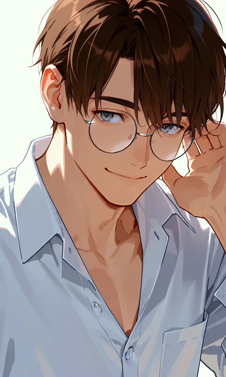 super detail, 1 man, handsome man, Delicate line drawing, white buttoned shirt, brown hair, shortcuts , smile, hand in own hair, wearing oval glasses with a lightweight plastic frame, gray eyes, white background.