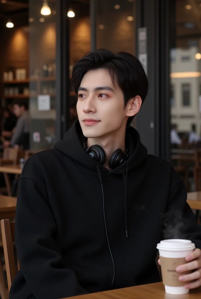 Handsome man with short hair neatly combed sideways smiling thin wearing black hoodie wearing headphones carrying paper cup coffee sitting relaxed in front of cafe shop realistic full UHD 