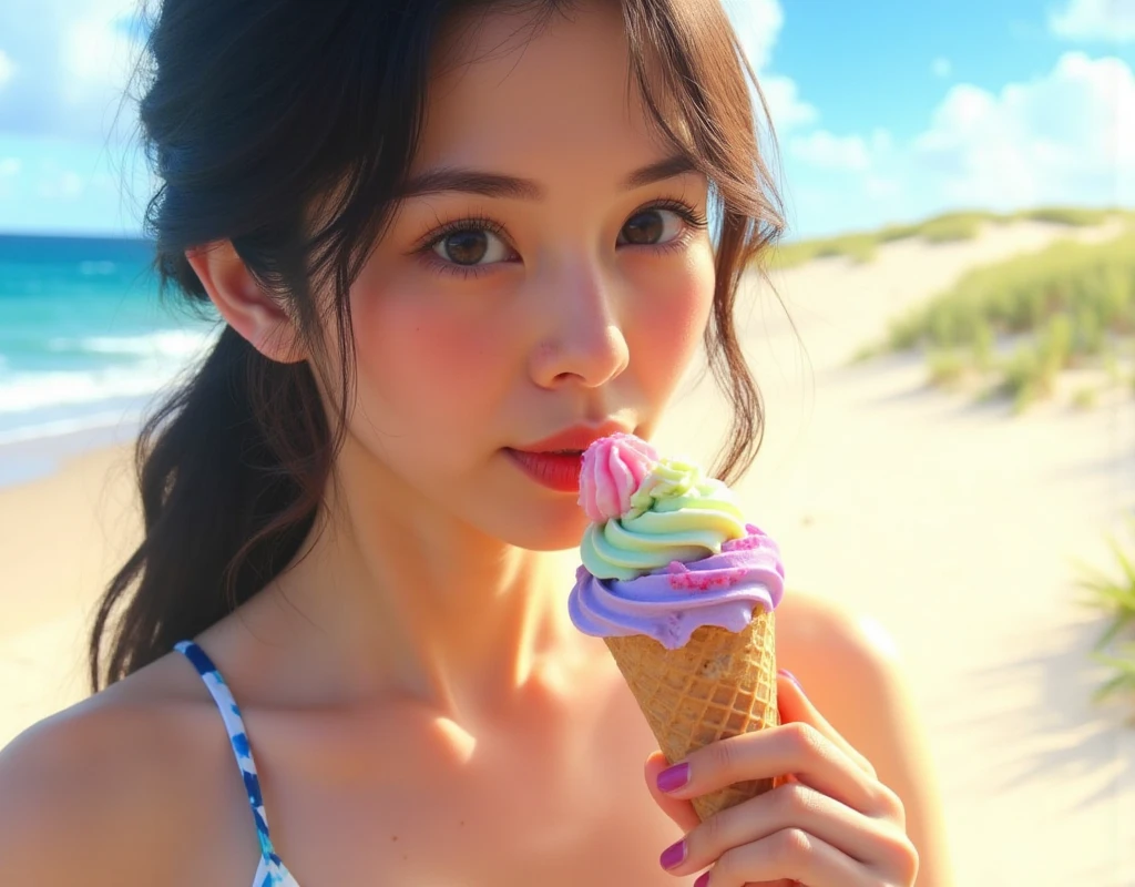 Capture the sweet moment when a beautiful girl cradles an ice cream cone, the colorful treat glistening in the warm sunlight. In the background, the endless blue sky meets the horizon, where sandy dunes stretch towards the ocean's gentle waves. The hand, slightly tan and adorned with a few freckles, gently holds the cone, as if savoring the taste of summer.,Midjourneyart 