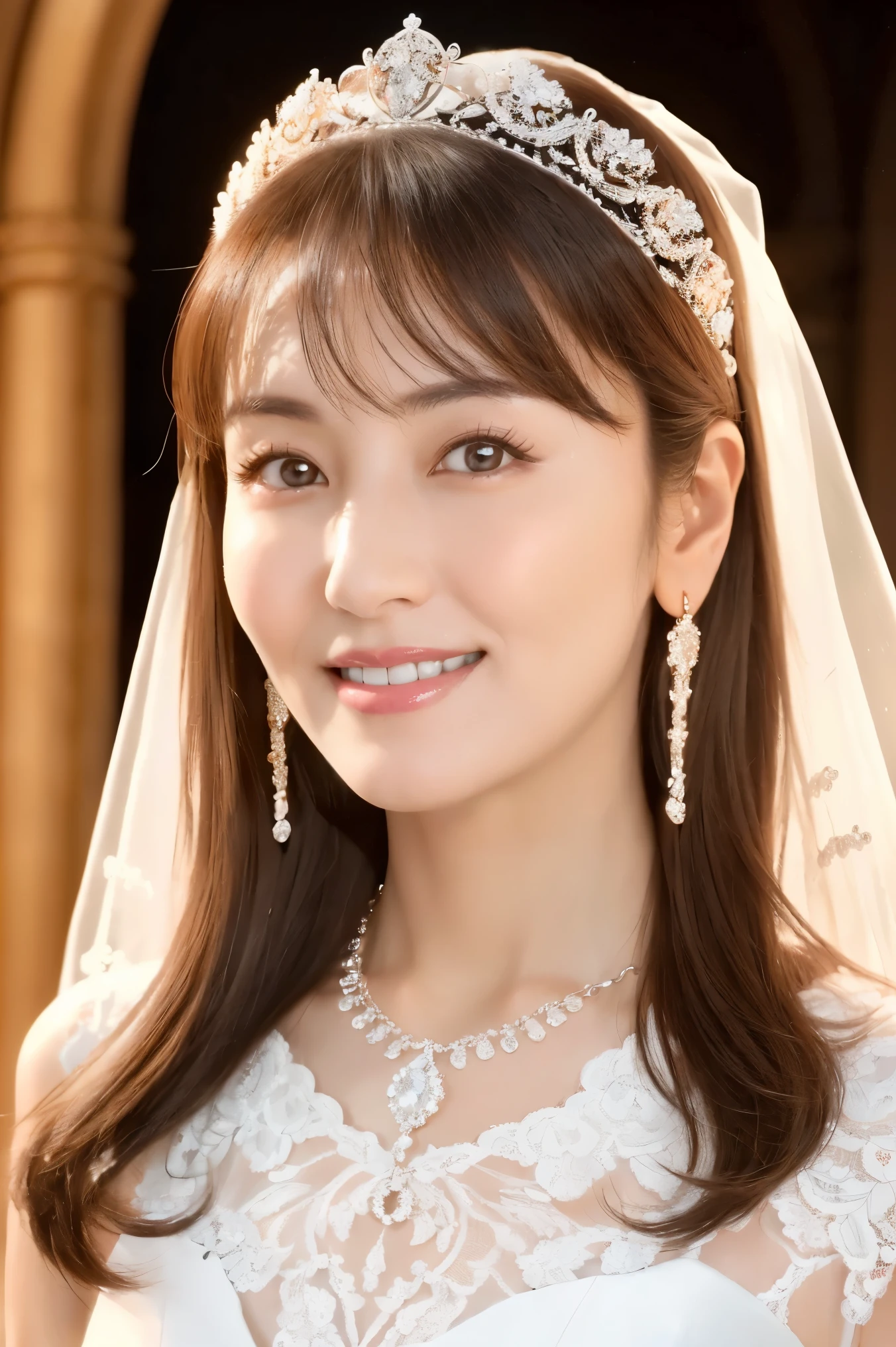 (highest quality、Tabletop、8k、Best image quality、Award-winning works)、One beautiful bride、(alone:1.1)、(The most extravagant and gorgeous huge wedding dresses:1.1)、(Perfect Wedding Lace:1.2)、(The most extravagant and luxurious giant tiara:1.1)、(The most extravagant and luxurious giant necklace:1.1)、The most beautiful smile is looking at me、A wide selection of the finest jewellery、(Bridal upper body photo:1.1)、Perfect Makeup、Long eyelashes、Ultra HD Shining Eyes、Ultra HD Hair、Ultra High Resolution Glossy Lips、Ultra High Resolution Perfect Teeth、Beautiful face in ultra-high definition、(Accurate anatomy:1.1)、(Very bright and beautiful skin:1.2)、(very bright and vivid:1.2)、(Luxury wedding venue background:1.1)