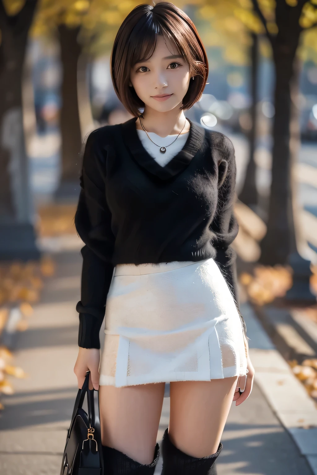 ( Autumnal office district ： 1.5)、( 18 year old woman with a small face and a nice smile ： 1.5)、( top quality ： 1.4)、( super detailed )、( very detailed )CG integration 16k ）、 perfect figure and female beauty ：1.4、 vibrant color beauty ：1.2、 very detailedな、 high quality RAW color photos 、 professional photos 、cosmetics、(( black mohair sweater and white mohair miniskirt:1.5))、 realistic image surface 、 full body long view from head to foot 、( camera is front cut  :1.5)、(( natural orange red hairstyle ))、( short bob hair:1.5)、( necklace :1.5)、perfection、perfect mouth 、 extremely accurate textures 、Fine particles、 2 heavy colors 、 middle of chest、（masterpiece）、 top quality 、 high res、 very detailed、 Background Blur、Depth of the Boundary、Cinema Lighting、( black long boots:1.5)、 full body shot