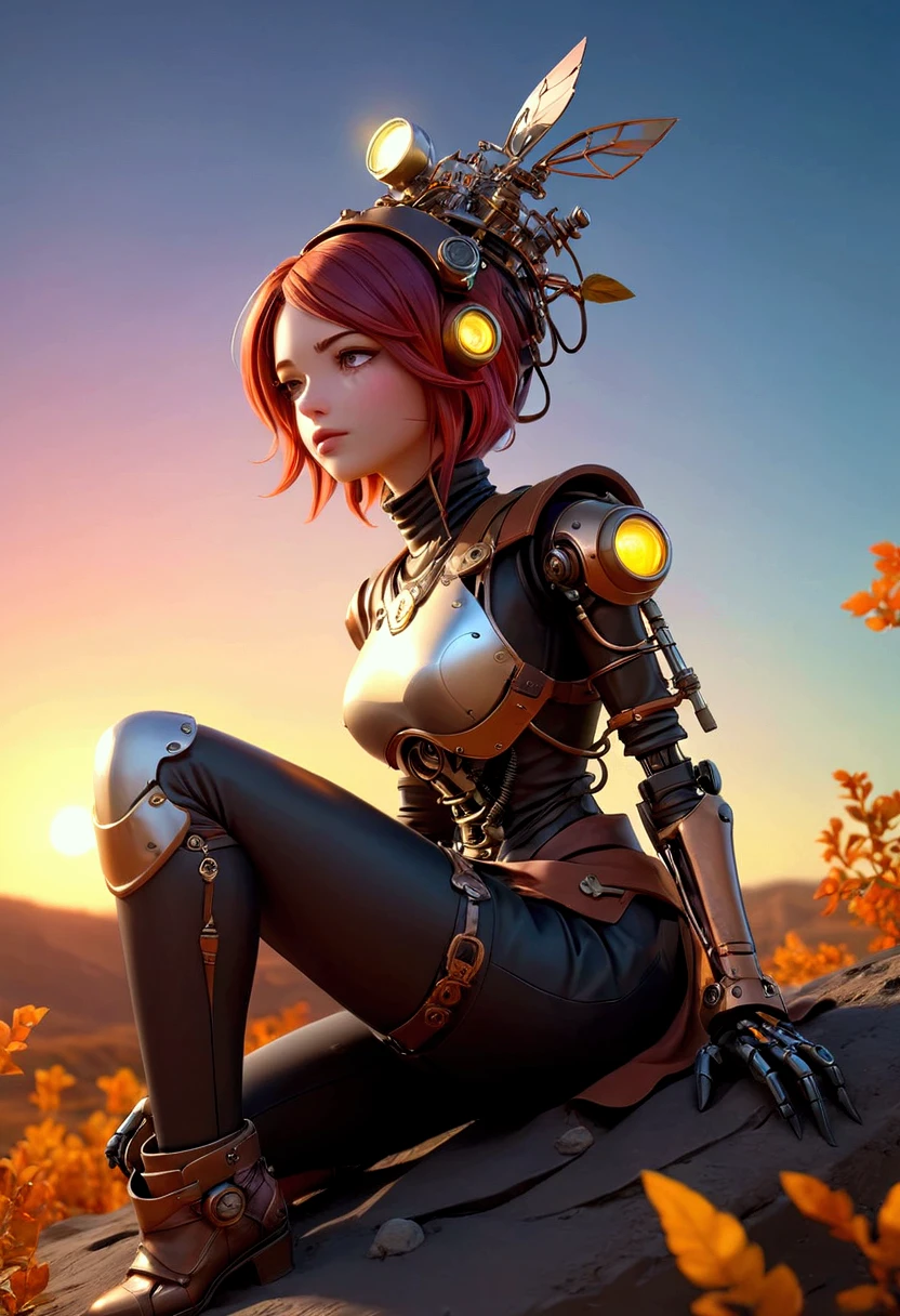  photography, In the distance you can see a female steampunk robot,  Intricately detailed , digital lighting , sunset gradient ,  Artstation HQ trend ,  rendered octane,  style Unreal Engine 4 MDJRNY-V4 , Sitting on a dark star that flies through the skies and leaves a trail of colored light