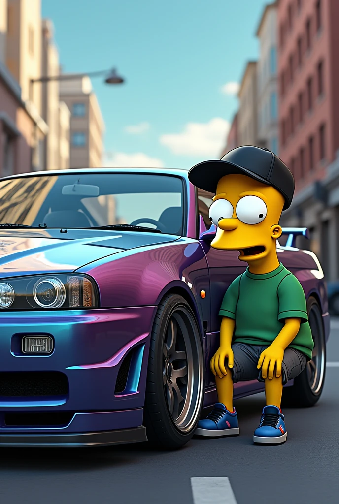Im Stil von Pixar 3D- The animated film. A thin and insane-looking man with short blond hair is tinkering with a silver BMW E46 Compact in a dark terraced garage.