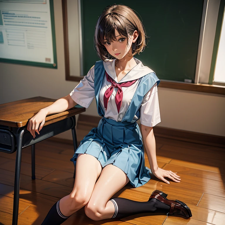 photorealestic, young girl, high detail, hiquality, Masterpiece, (small breasts)), at the school, ultra short school uniform, one girls, the anime