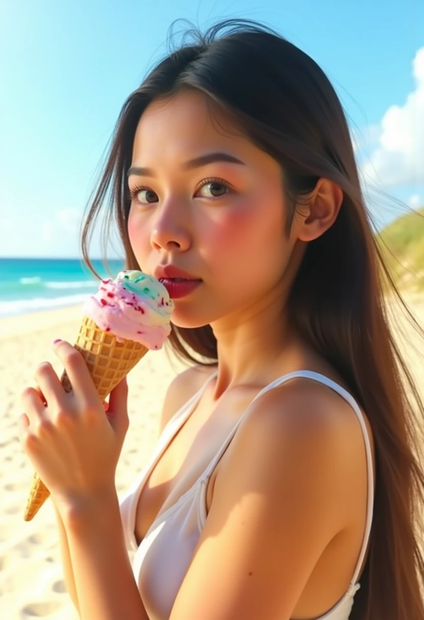 Capture the sweet moment when a portrait beautiful girl cradles an ice cream cone, the colorful treat glistening in the warm sunlight. In the background, the endless blue sky meets the horizon, where sandy dunes stretch towards the ocean's gentle waves. The hand, slightly tan and adorned with a few freckles, gently holds the cone, as if savoring the taste of summer.,Midjourneyart 