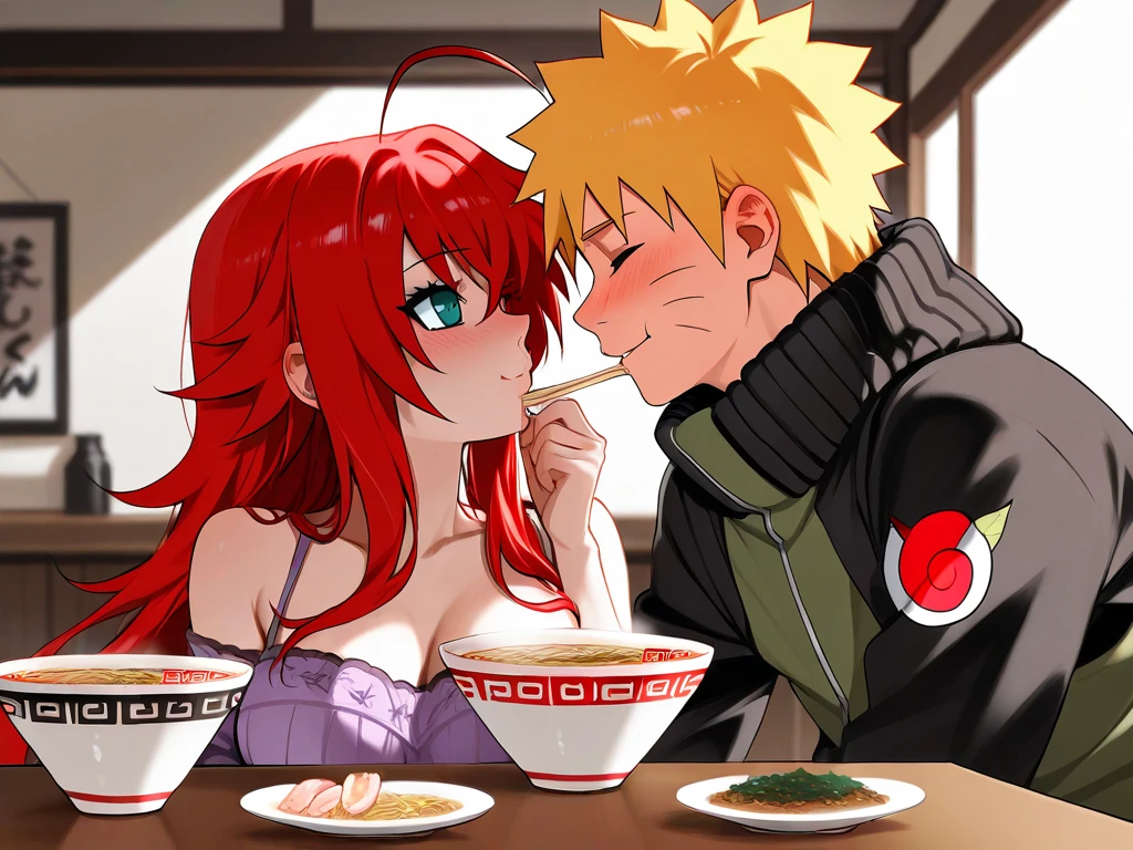  high resolution image,  masterpiece,  Better Quality ,  amazing quality ,  Naruto Uzumaki ,  Rias Gremory  , couple , love , romance , Naruto and Rias eating ramen , ramen bowl , romantic moment 