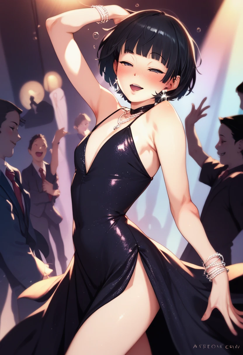  Young ite,  short hair, fringe,  black hair ,  evening dress,  very drunk, Dancing, seductive