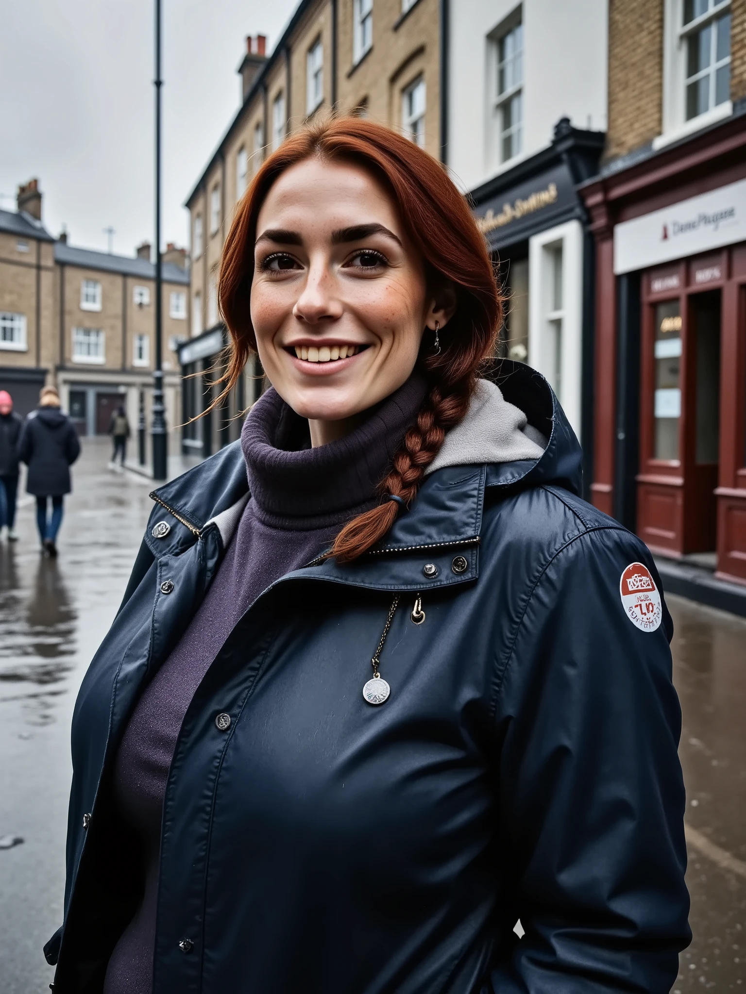 Photorealistic picture, cinematic style, a beautiful British woman. Happy smile, (dynamic posture). She has Brown eyes, downturned eye shape, light skin and freckles, she has a voluptuous figure. Relaxed braid hairstyle. She's is dressed in a dark blue raincoat with a hood, hood on, walking along a rainy street in London. Cloudy sky, rain falling, puddles of water on the street. Grey.perfect hand,HDR, intricate details