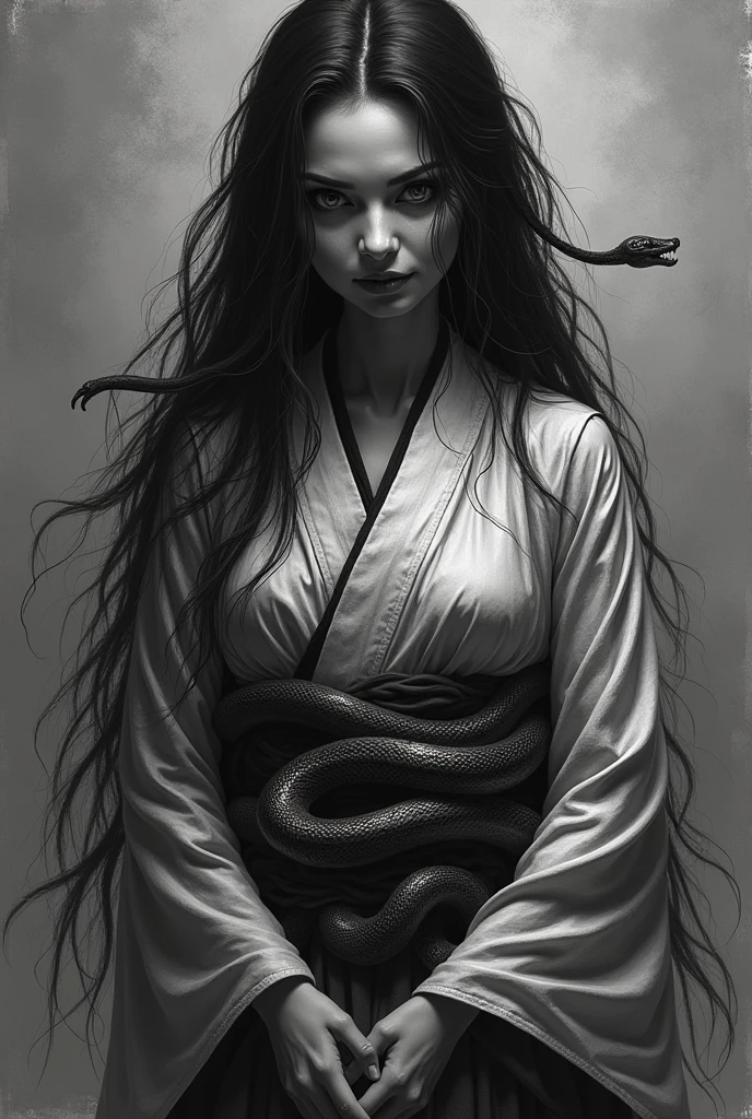 a black and white photo of a woman with a snake tattoo on her back, snake woman, dark queen of snakes, katanas strapped to her back, inspired by Kanō Hōgai, scales covering her chest, takato yomamoto, scales on her chest, holding a sword on her shoulder, anime woman fullbody art, queen of snakes