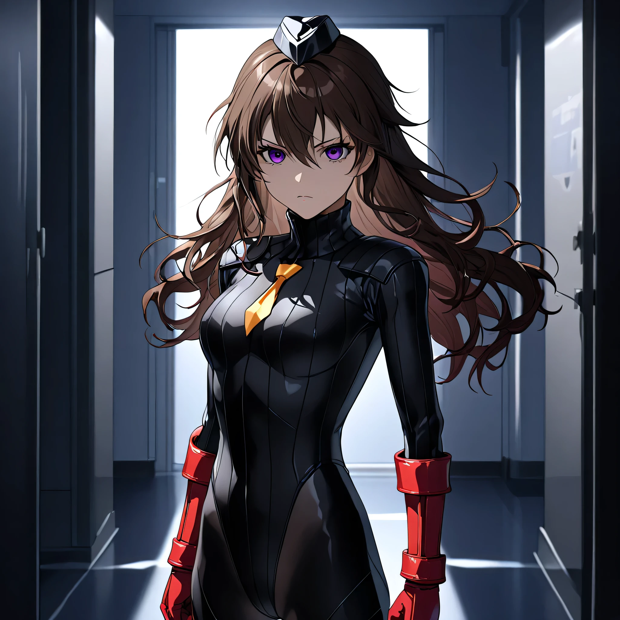 anime, (masterpiece), (best quality), (ultra-detailed), (best illustration), (best shadow), (absurdres), (detailed background), (very aesthetic), shiny, detailed beautiful eyes, outstanding, countershading, detailed soft lighting, an exquisite animation illustration, 1girl, solo, anheang, Dollsuit, thighthigh, dark persona, empty eyes, expressionless, blank eyes, looking at viewer, red gloves, full body, emotionless, Fighting Stance, hair ornament, AMEKU_TWO, black hair, brown hair, long hair, hair between eyes, wavy hair, KJOtakao, dark purple eyes, hospital background, light and shadow