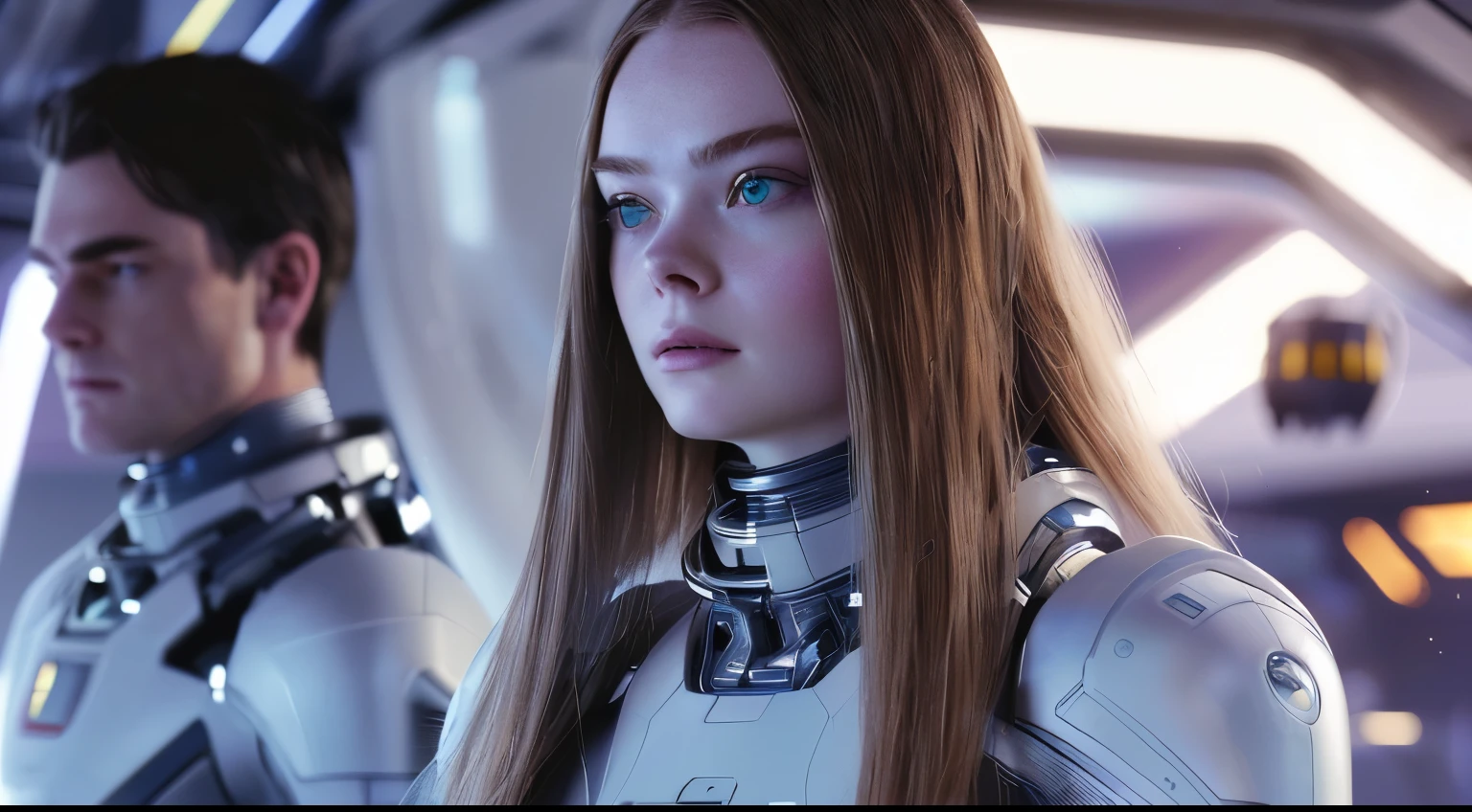 a close up of a woman in a futuristic suit with a man in the background, elle fanning as an android, cgsociety uhd 4k highly detailed, sci-fi female, detailed cinematic render, cinematic cgsociety, sci - fi look, sci - fi character, sci-fi android female, attractive sci - fi face, sci fi female character, hyper realistic image