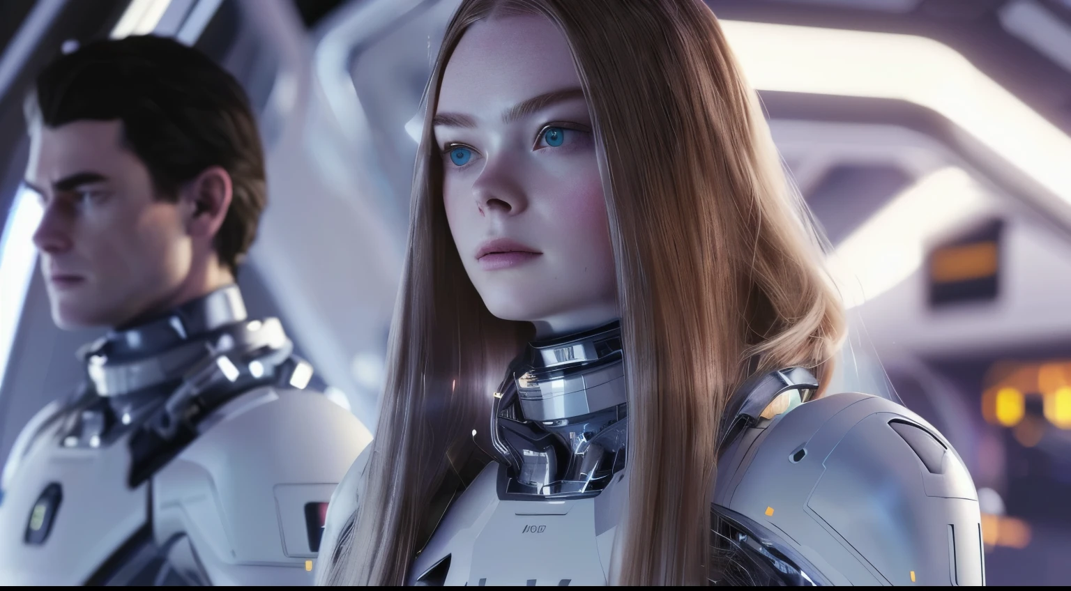 a close up of a woman in a futuristic suit with a man in the background, elle fanning as an android, cgsociety uhd 4k highly detailed, sci-fi female, detailed cinematic render, cinematic cgsociety, sci - fi look, sci - fi character, sci-fi android female, attractive sci - fi face, sci fi female character, hyper realistic image