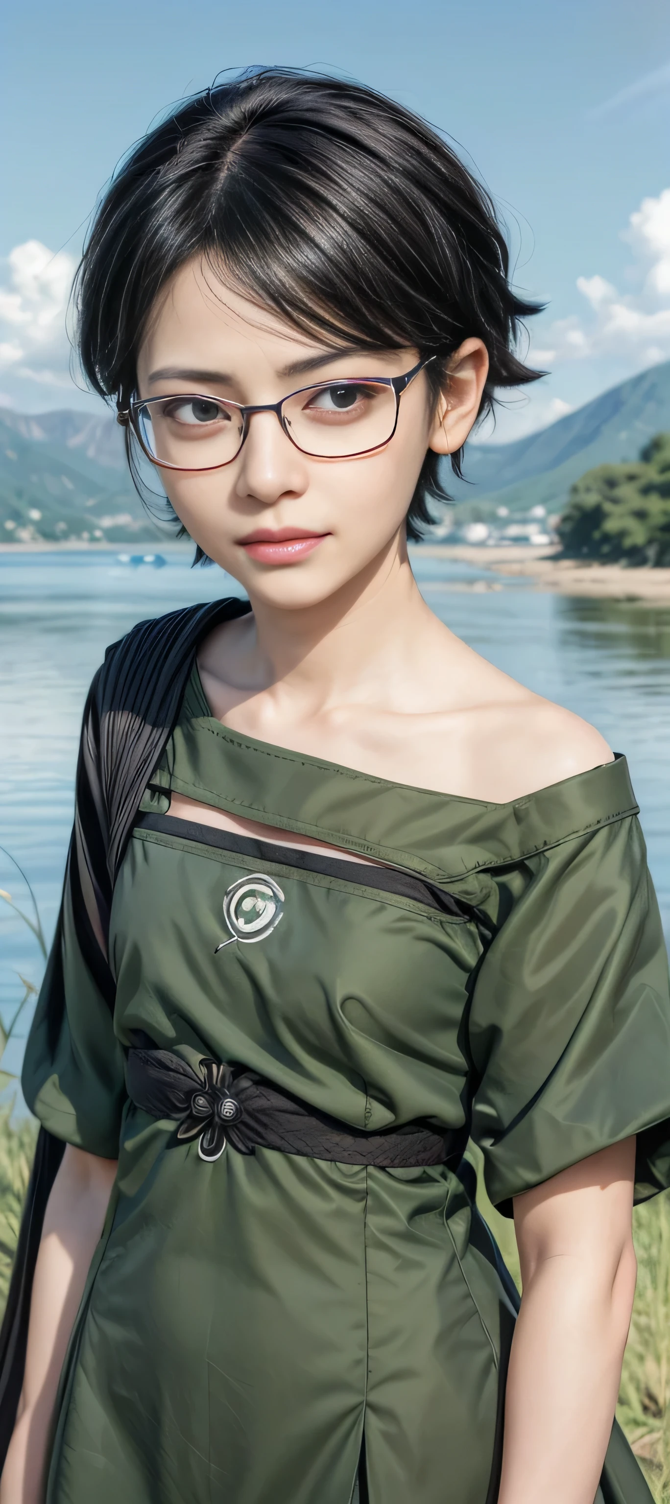 masterpiece, best quality, (realistic,photo-realistic:1.4), (RAW photo:1.2), extremely detailed CG unity 8k wallpaper, delicate and beautiful, amazing,finely detail, official art, absurdres, incredibly absurdres, huge filesize, ultra-detailed,extremely detailed eyes and face,light on face,sarada,(smirk:1.4),(black hair:1.4),(very short hair:1.4),nature,sarada uchiha ,(wearing black framed glasses:1.5),(wearing genshin impact outfit:1.5),grass field,lake