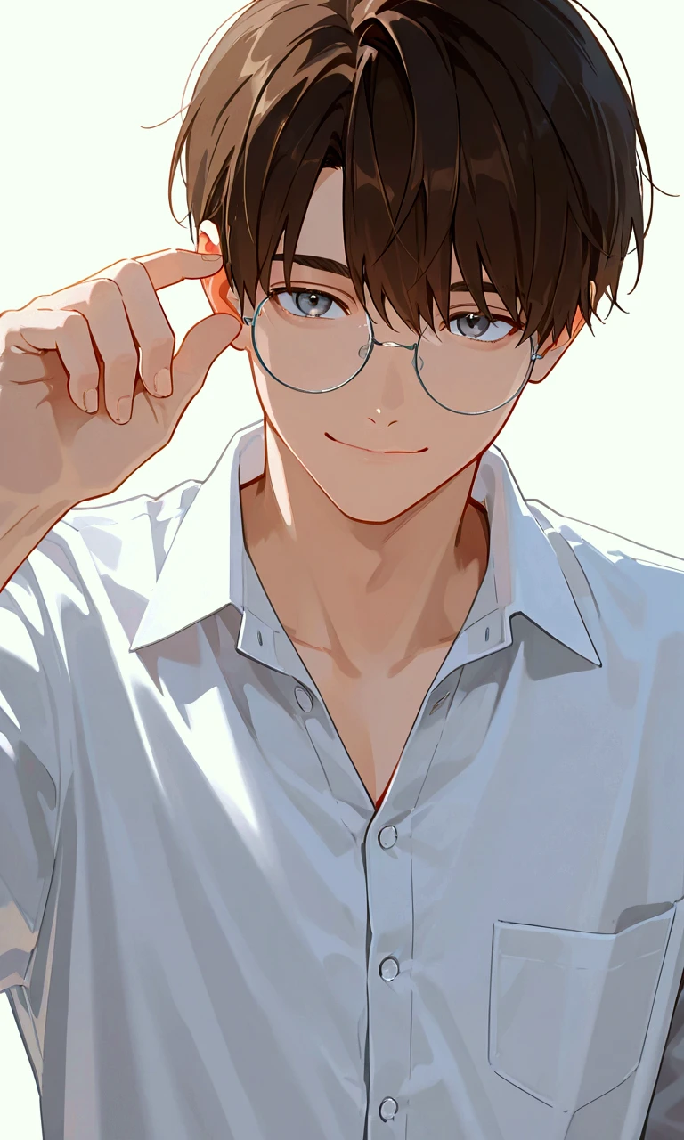 super detail, 1 man, handsome man, Delicate line drawing, white buttoned shirt, brown hair, shortcuts , smile, wearing oval glasses with a lightweight plastic frame, gray eyes, white background.