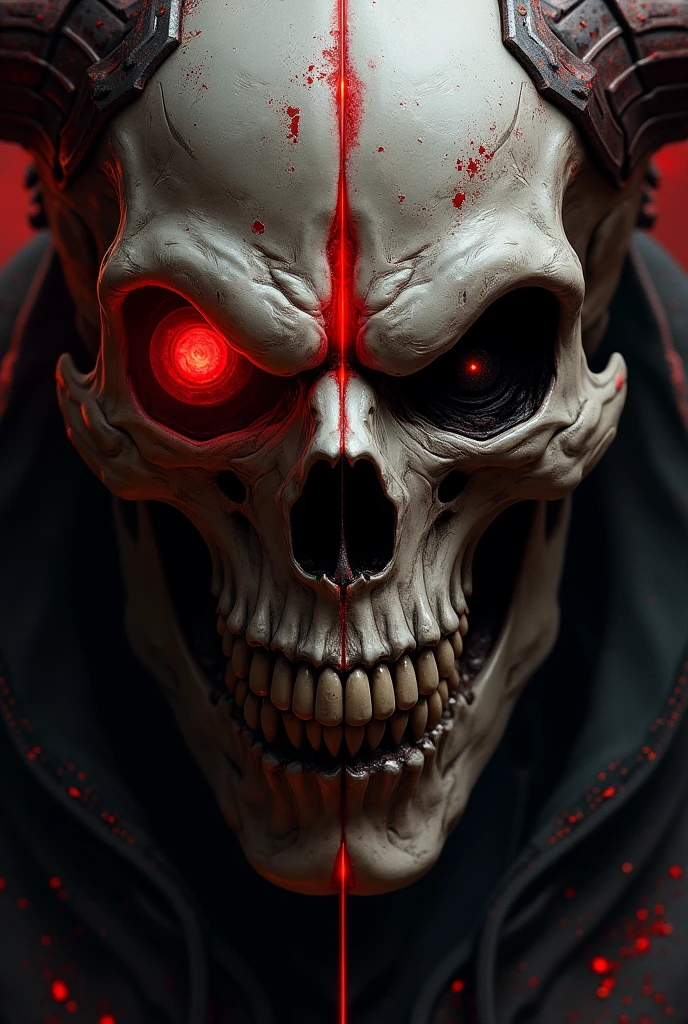 1 Skull with expression of anger, (high complexity of details), (4K definition, 8k). darkness, reddish glow from bottom to top from right to left, highlighted in the skull, Full moon in the background
