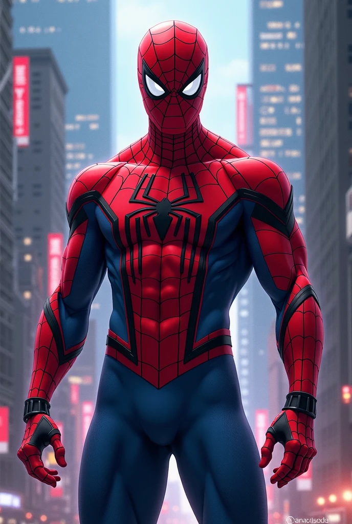 (masterpiece),(best quality:1.0), (ultra highres:1.0), detailed illustration, 8k, anime, spiderman with half mask, cool body shape , wearing spiderman suit with bosnian flag colors from the 90s(blue white and gold), metal suit, scared face, detailed face,mad eyes, detailed eyes, dark red eyes, long pony tail hair , highlights in hair, anime style, best quality, vibrant city of sarajevo in the back ground Male